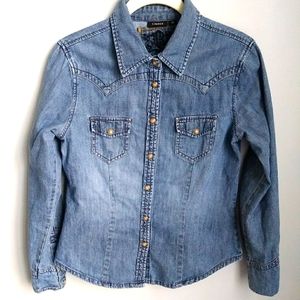 LINDEX BLUE DENIM SNAP FRONT LONG SLEEVE TOP SIZE 38 SMALL